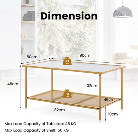 2-Tier Coffee Table with Shelf Center Tea Table with Tempered Glass Top-Golden