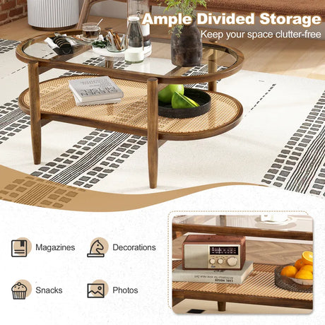 Coffee table side table with glass table top &amp; rattan shelf 102 x 56 x 47 cm brown