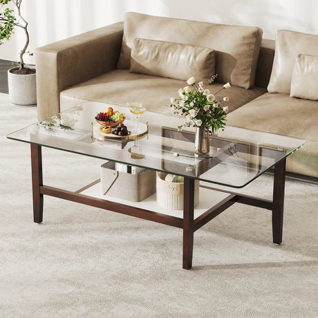 42 Inch Rectangular 2-Tier Glass Coffee Table with Storage Shelf-Brown