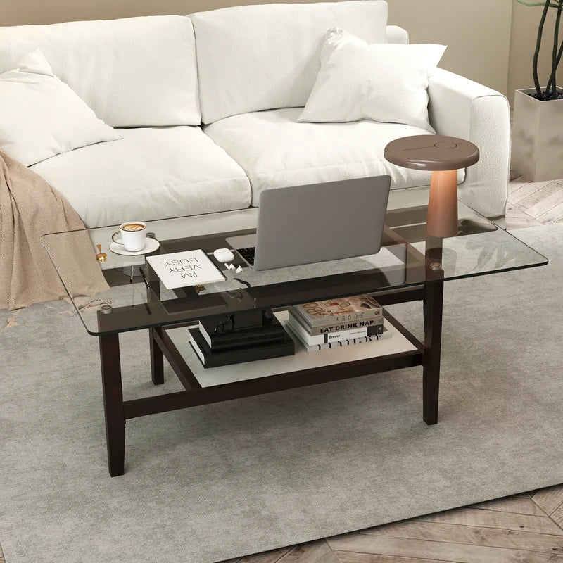 42 Inch Rectangular 2-Tier Glass Coffee Table with Storage Shelf-Brown