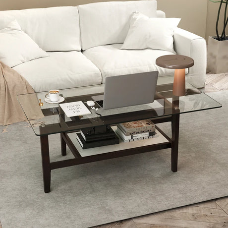42 Inch Rectangular 2-Tier Glass Coffee Table with Storage Shelf-Brown