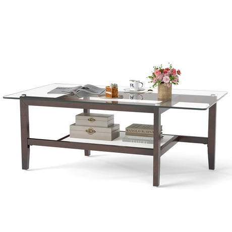 42 Inch Rectangular 2-Tier Glass Coffee Table with Storage Shelf-Brown