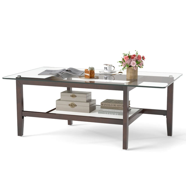 42 Inch Rectangular 2-Tier Glass Coffee Table with Storage Shelf-Brown