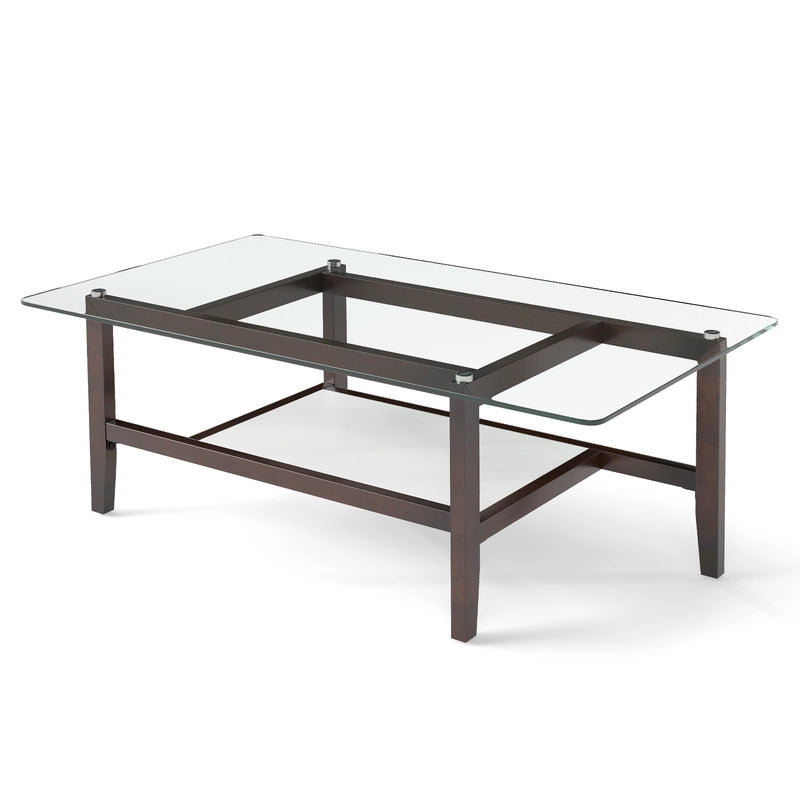 42 Inch Rectangular 2-Tier Glass Coffee Table with Storage Shelf-Brown