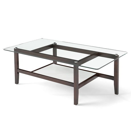 42 Inch Rectangular 2-Tier Glass Coffee Table with Storage Shelf-Brown