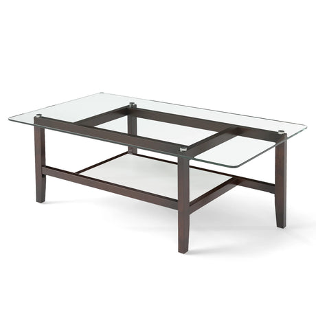42 Inch Rectangular 2-Tier Glass Coffee Table with Storage Shelf-Brown