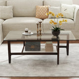 42 Inch Rectangular 2-Tier Glass Coffee Table with Storage Shelf-Brown