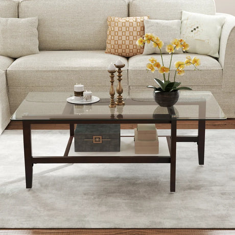 42 Inch Rectangular 2-Tier Glass Coffee Table with Storage Shelf-Brown