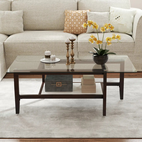 42 Inch Rectangular 2-Tier Glass Coffee Table with Storage Shelf-Brown