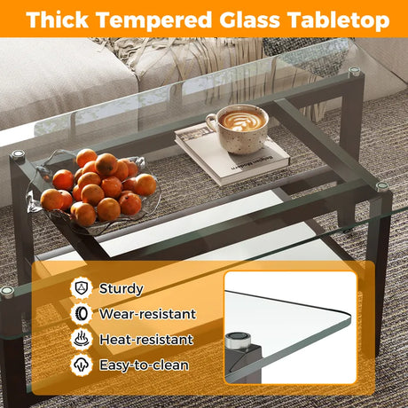 42 Inch Rectangular 2-Tier Glass Coffee Table with Storage Shelf-Brown
