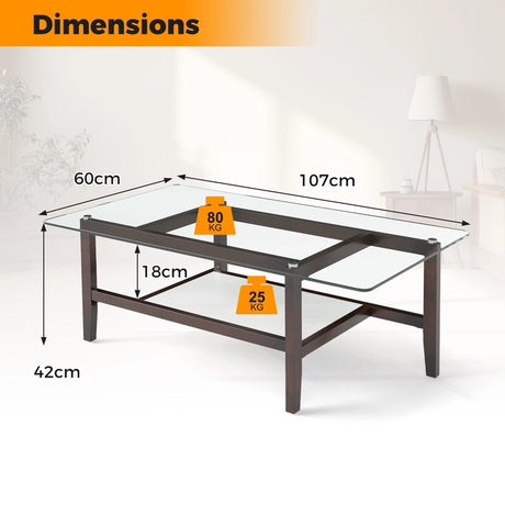 42 Inch Rectangular 2-Tier Glass Coffee Table with Storage Shelf-Brown