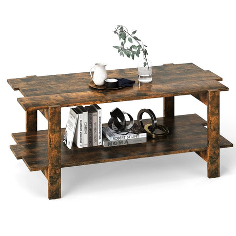 2 Tier Coffee Table with Shelf Coffee Table Rectangular Side Table Accent Table Brown