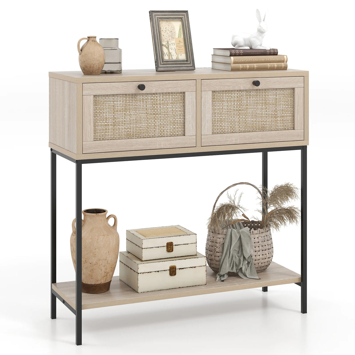Rattan Console Table Boho Entryway Table with 2 Rattan Drawers and Open Storage Shelf-Oak