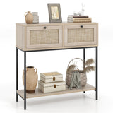 Rattan Console Table Boho Entryway Table with 2 Rattan Drawers and Open Storage Shelf-Oak