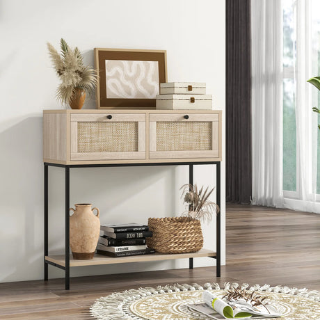 Rattan Console Table Boho Entryway Table with 2 Rattan Drawers and Open Storage Shelf-Oak