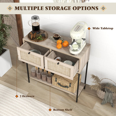 Rattan Console Table Boho Entryway Table with 2 Rattan Drawers and Open Storage Shelf-Oak