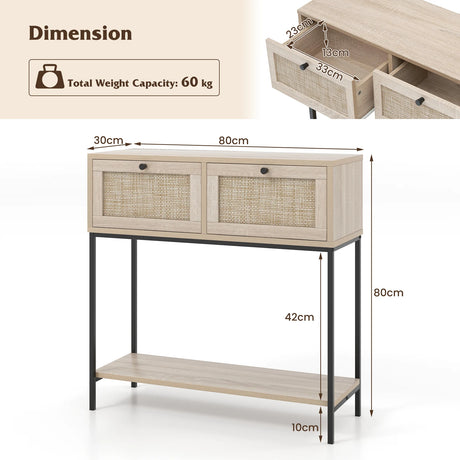 Rattan Console Table Boho Entryway Table with 2 Rattan Drawers and Open Storage Shelf-Oak