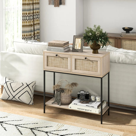 Rattan Console Table Boho Entryway Table with 2 Rattan Drawers and Open Storage Shelf-Oak