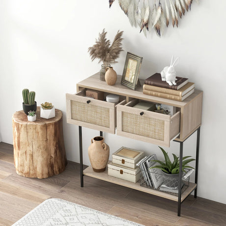 Rattan Console Table Boho Entryway Table with 2 Rattan Drawers and Open Storage Shelf-Oak