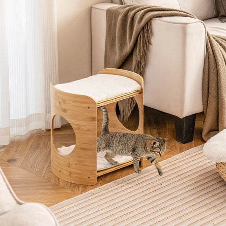 2-Tier Cute Small Cat Tree for Indoor Cats with Natural Bamboo Frame-Beige