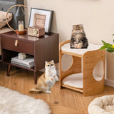 2-Tier Cute Small Cat Tree for Indoor Cats with Natural Bamboo Frame-Beige