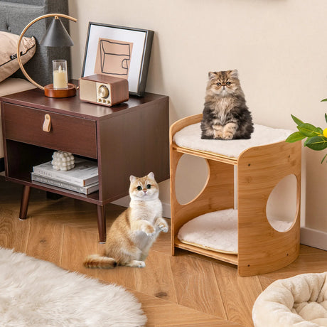 2-Tier Cute Small Cat Tree for Indoor Cats with Natural Bamboo Frame-Beige