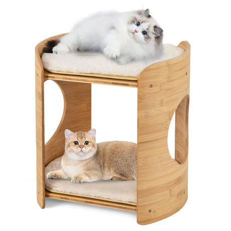 2-Tier Cute Small Cat Tree for Indoor Cats with Natural Bamboo Frame-Beige
