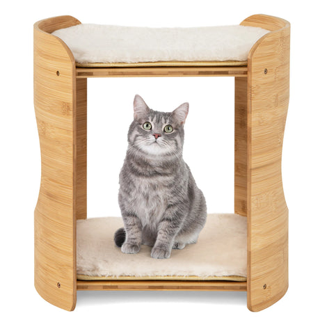 2-Tier Cute Small Cat Tree for Indoor Cats with Natural Bamboo Frame-Beige