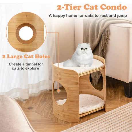 2-Tier Cute Small Cat Tree for Indoor Cats with Natural Bamboo Frame-Beige