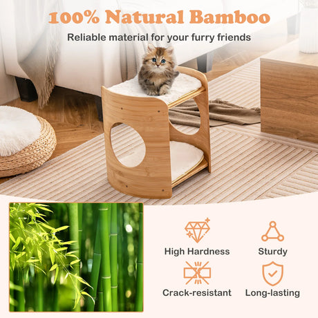 2-Tier Cute Small Cat Tree for Indoor Cats with Natural Bamboo Frame-Beige