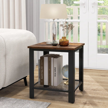 2-Tier Square End Table with Mesh Shelf and Heavy-duty Metal Frame-Rustic Brown