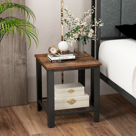 2-Tier Square End Table with Mesh Shelf and Heavy-duty Metal Frame-Rustic Brown