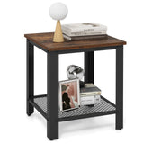 2-Tier Square End Table with Mesh Shelf and Heavy-duty Metal Frame-Rustic Brown