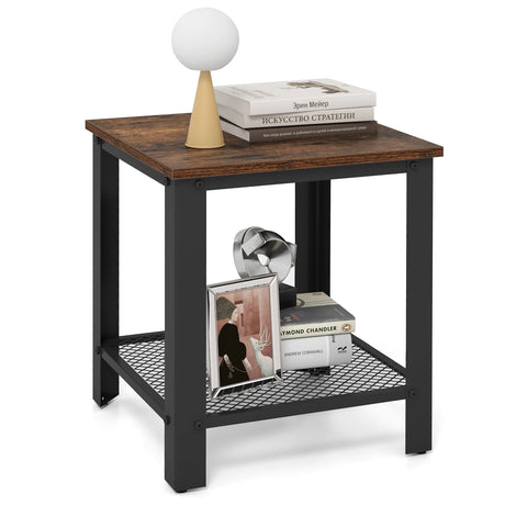 2-Tier Square End Table with Mesh Shelf and Heavy-duty Metal Frame-Rustic Brown