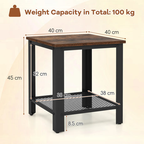 2-Tier Square End Table with Mesh Shelf and Heavy-duty Metal Frame-Rustic Brown