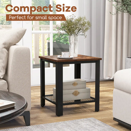 2-Tier Square End Table with Mesh Shelf and Heavy-duty Metal Frame-Rustic Brown