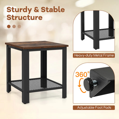 2-Tier Square End Table with Mesh Shelf and Heavy-duty Metal Frame-Rustic Brown