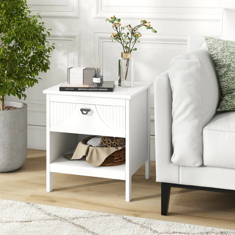 2-tier Wood Side End Table with Drawer Open Storage Shelf-White