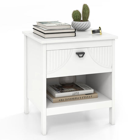 2-tier Wood Side End Table with Drawer Open Storage Shelf-White