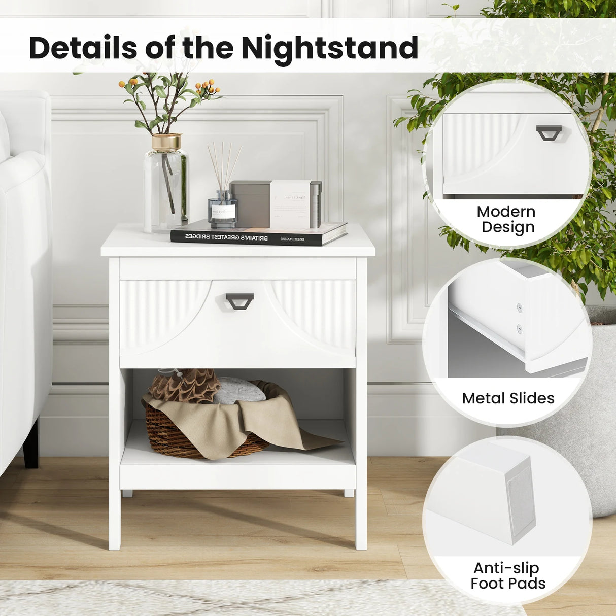 2-tier Wood Side End Table with Drawer Open Storage Shelf-White