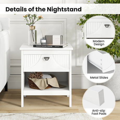 2-tier Wood Side End Table with Drawer Open Storage Shelf-White