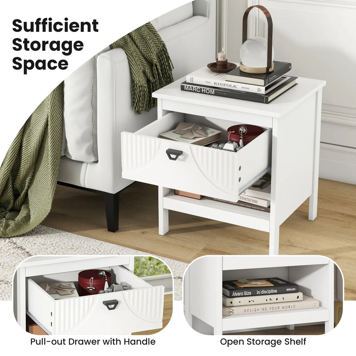 2-tier Wood Side End Table with Drawer Open Storage Shelf-White
