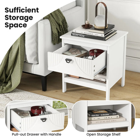 2-tier Wood Side End Table with Drawer Open Storage Shelf-White