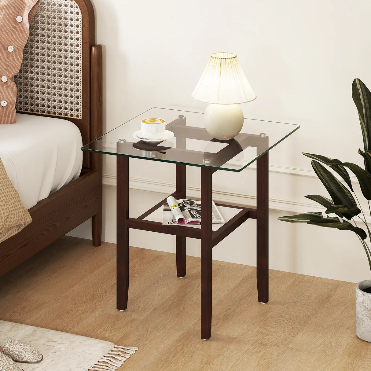 24 Inch 2-Tier Square Glass Coffee Table Center Table with Storage Shelf-Brown