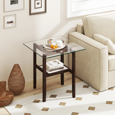 24 Inch 2-Tier Square Glass Coffee Table Center Table with Storage Shelf-Brown