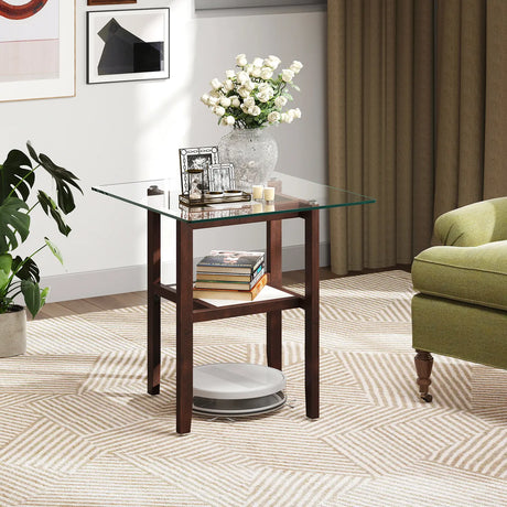 24 Inch 2-Tier Square Glass Coffee Table Center Table with Storage Shelf-Brown