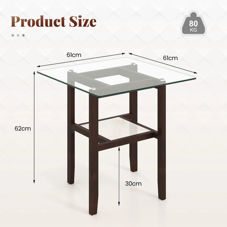 24 Inch 2-Tier Square Glass Coffee Table Center Table with Storage Shelf-Brown
