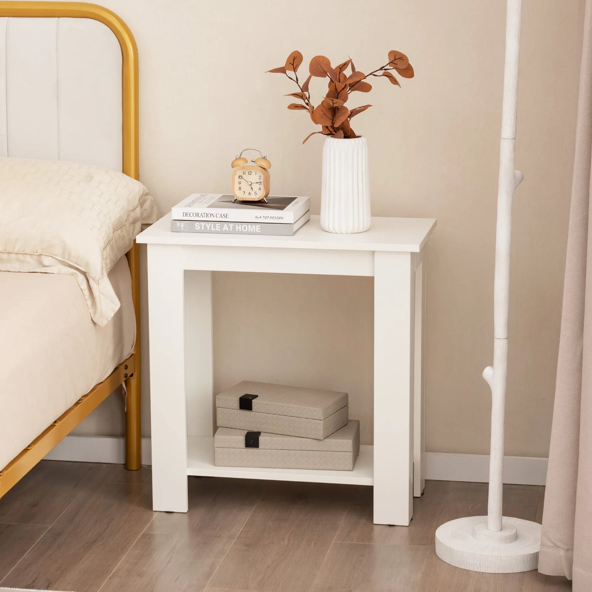 2-Tier Modern Compact End Table with Storage Shelf-White