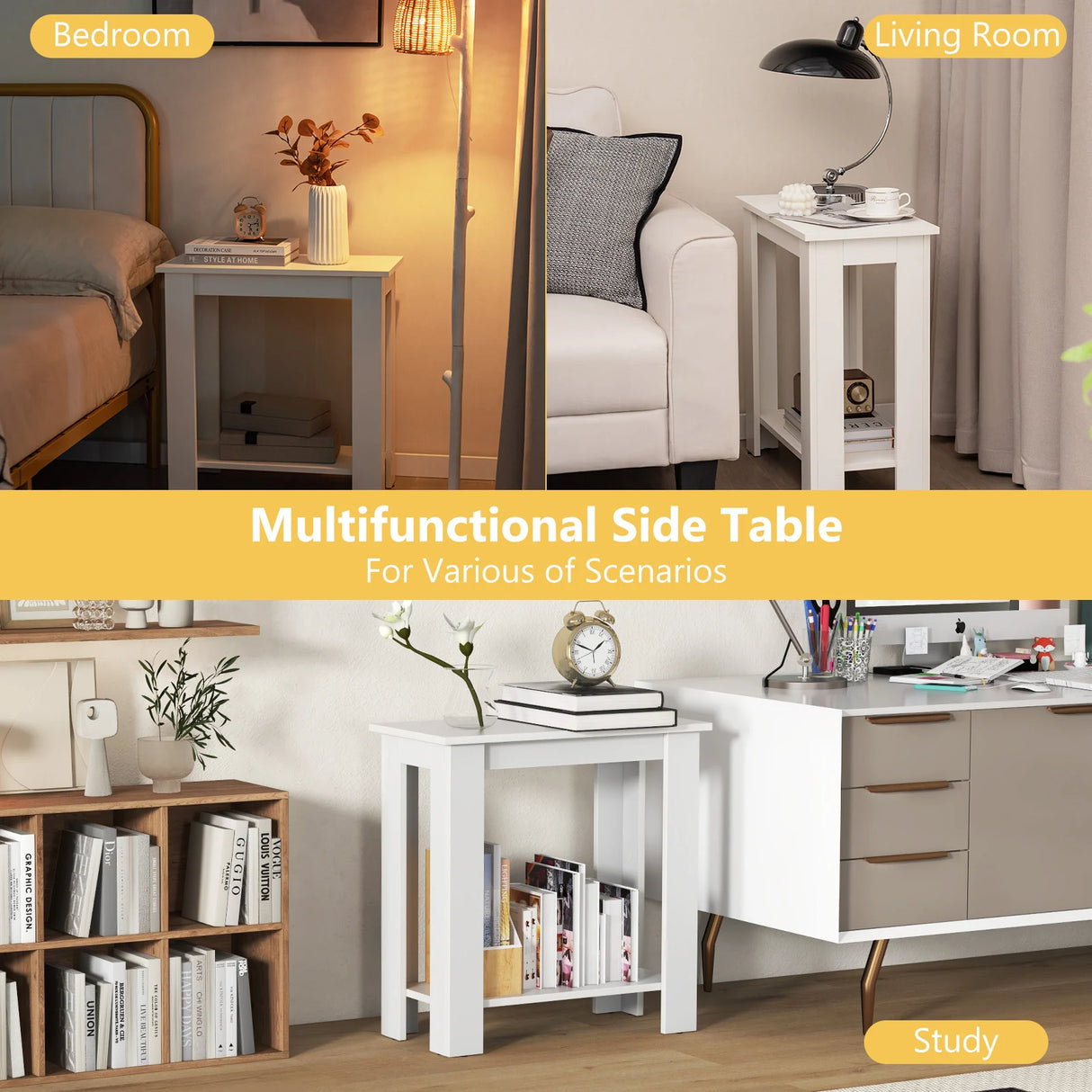2-Tier Modern Compact End Table with Storage Shelf-White