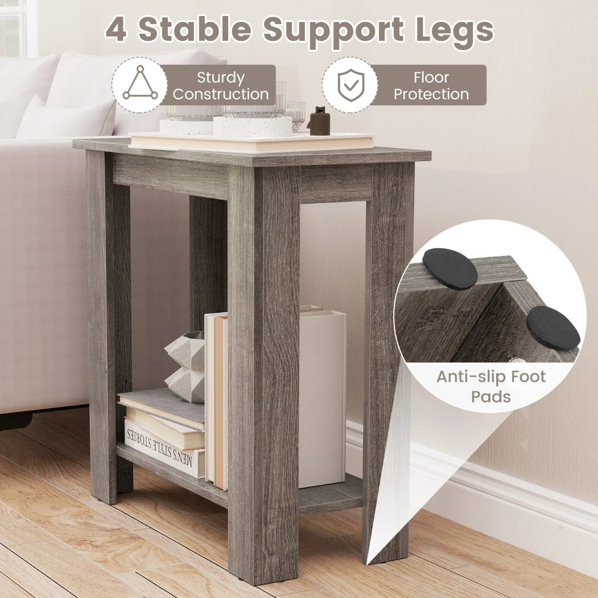 2-Tier End Table with Storage Shelf for Small Spaces-Grey